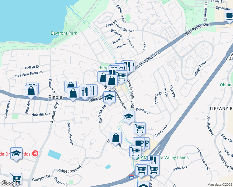 map of restaurants, bars, coffee shops, grocery stores, and more near 2337 San Pablo Avenue in Pinole