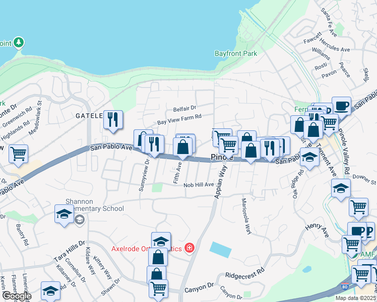 map of restaurants, bars, coffee shops, grocery stores, and more near 1314 Hansen Place in Pinole