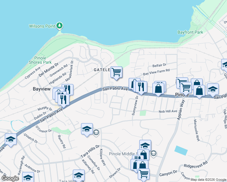 map of restaurants, bars, coffee shops, grocery stores, and more near 812 San Pablo Avenue in Pinole