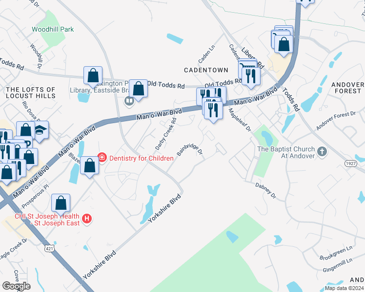 map of restaurants, bars, coffee shops, grocery stores, and more near 321 Bainbridge Drive in Lexington