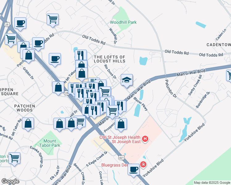 map of restaurants, bars, coffee shops, grocery stores, and more near 3050 Rio Dosa Drive in Lexington