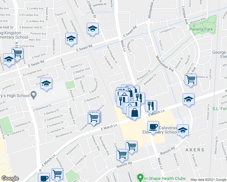 map of restaurants, bars, coffee shops, grocery stores, and more near 5343 Carrington Circle in Stockton