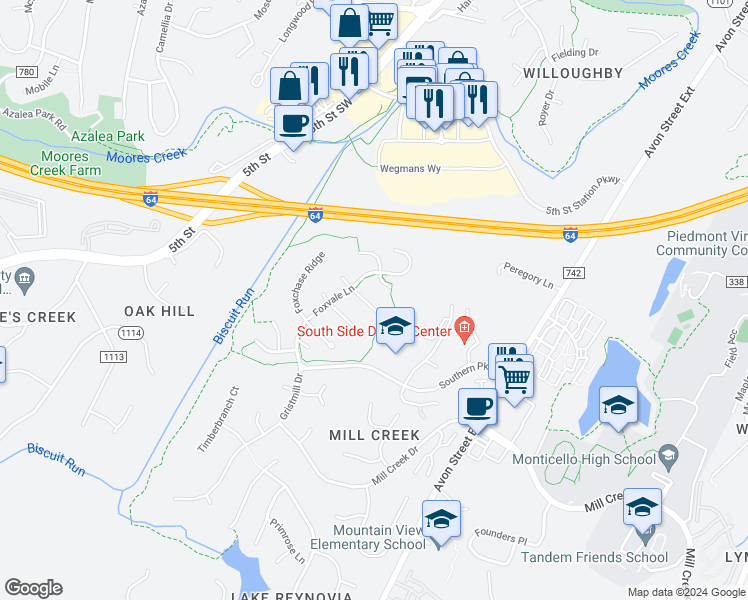 map of restaurants, bars, coffee shops, grocery stores, and more near 324 Leaping Fox Lane in Charlottesville