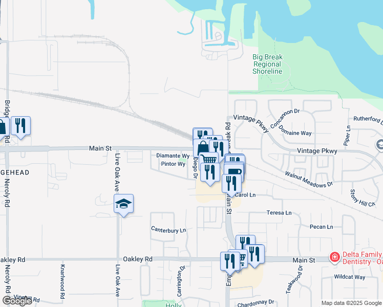 map of restaurants, bars, coffee shops, grocery stores, and more near 876 Diamante Way in Oakley