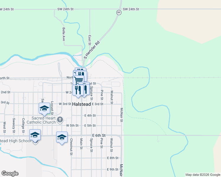 map of restaurants, bars, coffee shops, grocery stores, and more near 118 Walnut Street in Halstead