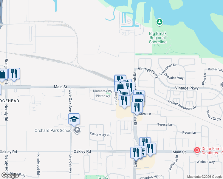 map of restaurants, bars, coffee shops, grocery stores, and more near 868 Diamante Way in Oakley
