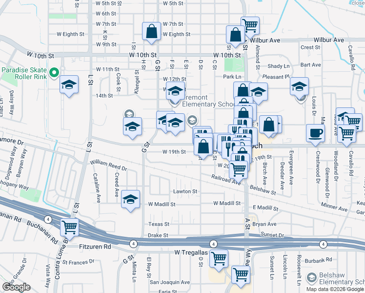 map of restaurants, bars, coffee shops, grocery stores, and more near 409 West 18th Street in Antioch