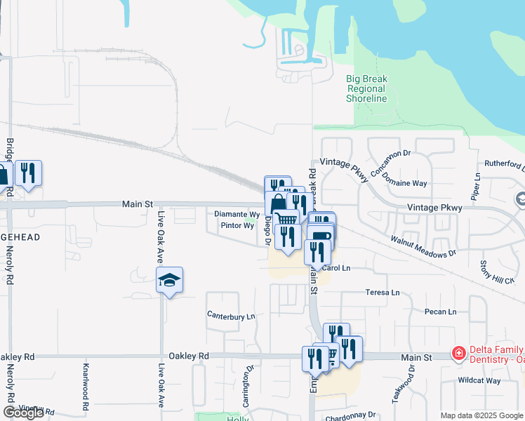 map of restaurants, bars, coffee shops, grocery stores, and more near 876 Diamante Way in Oakley