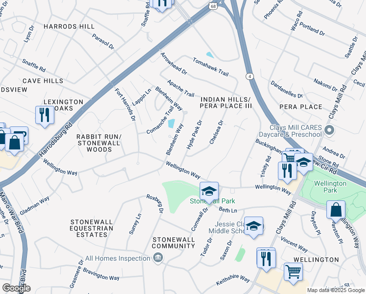 map of restaurants, bars, coffee shops, grocery stores, and more near 3149 Hyde Park Drive in Lexington