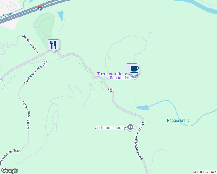 map of restaurants, bars, coffee shops, grocery stores, and more near 900 Thomas Jefferson Parkway in Charlottesville