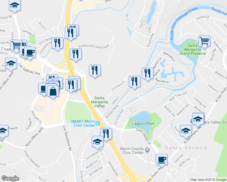 map of restaurants, bars, coffee shops, grocery stores, and more near 95 Vista Marin Drive in San Rafael