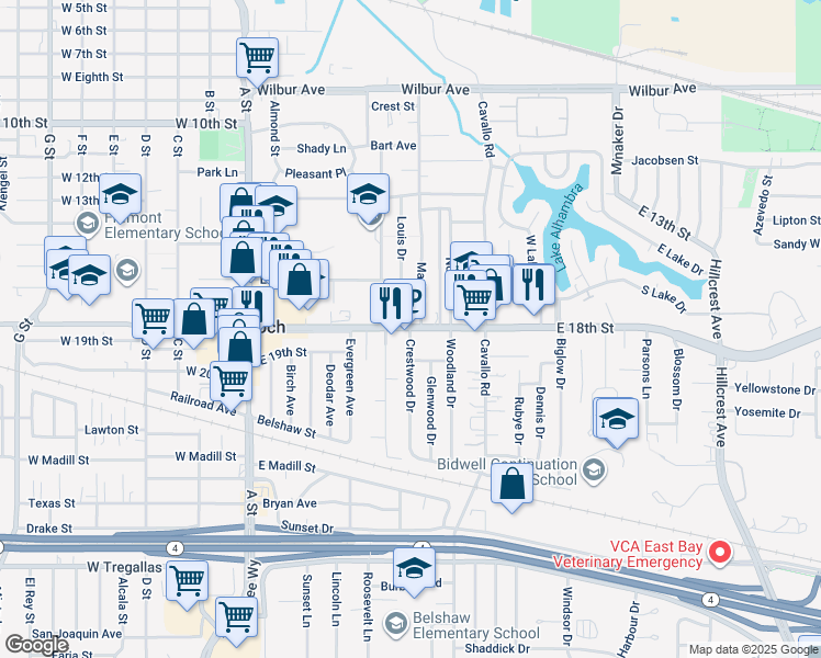 map of restaurants, bars, coffee shops, grocery stores, and more near 1809 Crestwood Drive in Antioch