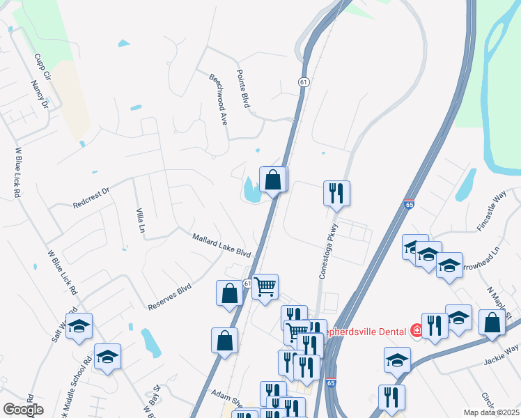 map of restaurants, bars, coffee shops, grocery stores, and more near 1115 Northside Avenue in Shepherdsville