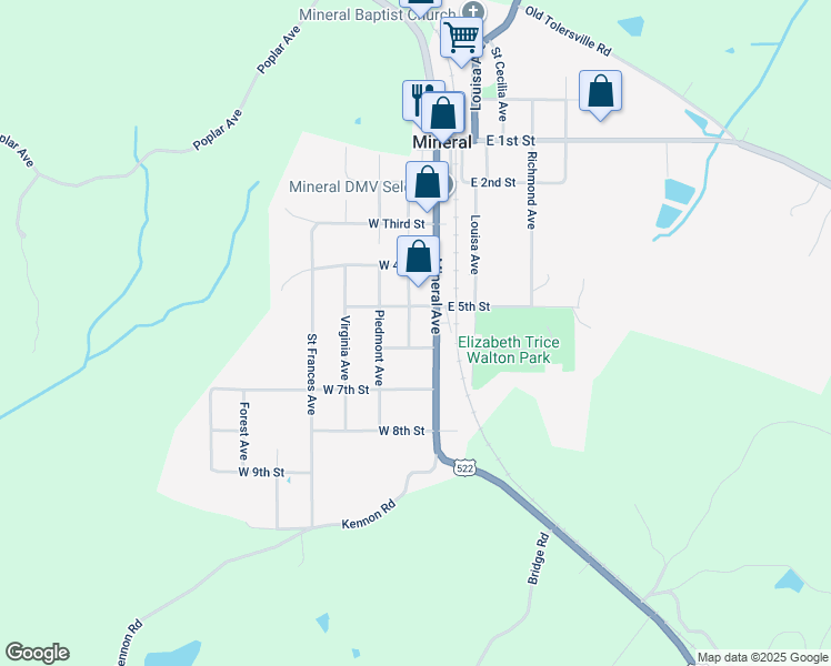 map of restaurants, bars, coffee shops, grocery stores, and more near 618 Saint Marys Avenue in Mineral