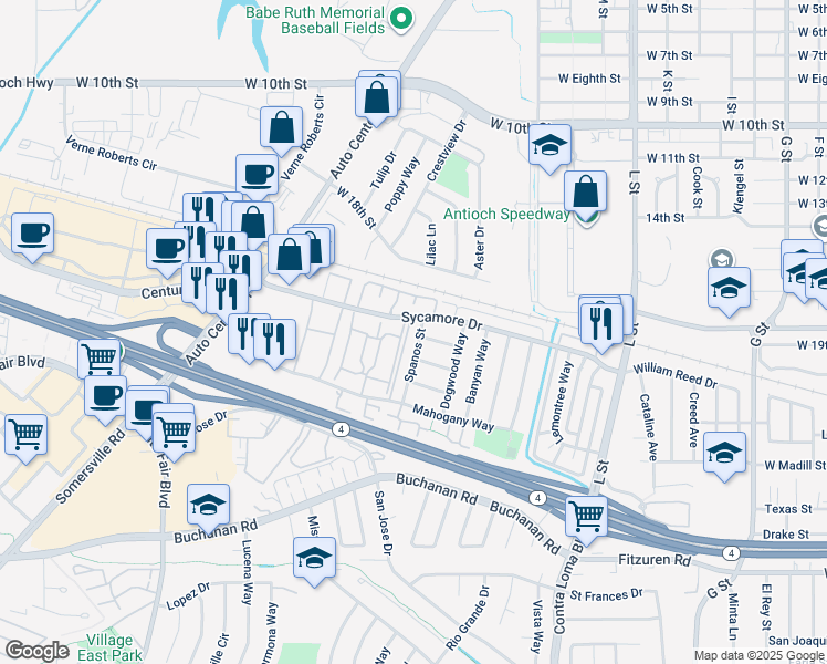 map of restaurants, bars, coffee shops, grocery stores, and more near 2200 Sycamore Drive in Antioch