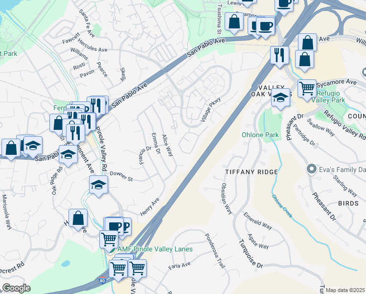 map of restaurants, bars, coffee shops, grocery stores, and more near 113 Scotts Valley in Hercules