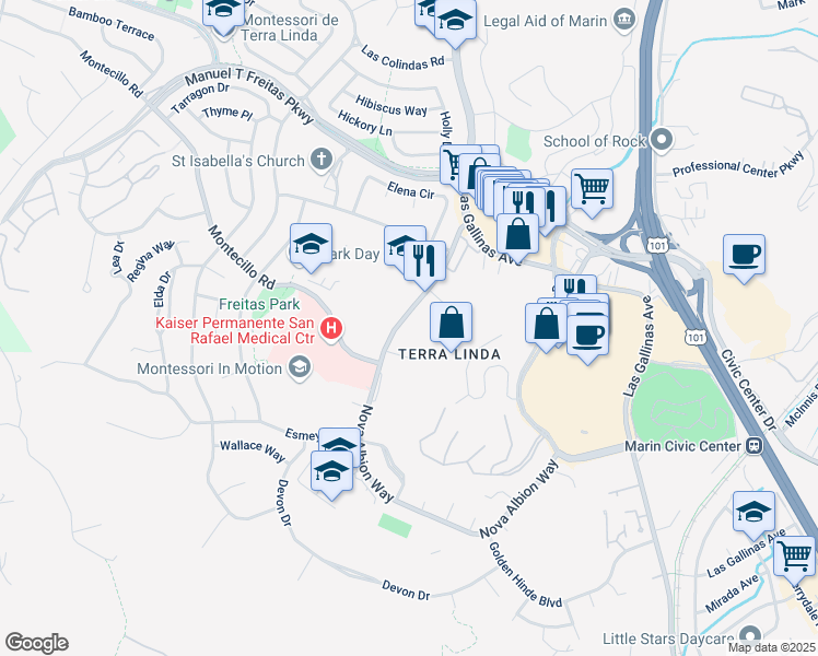 map of restaurants, bars, coffee shops, grocery stores, and more near 175 Nova Albion Way in San Rafael