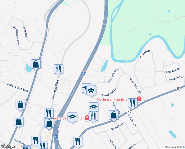 map of restaurants, bars, coffee shops, grocery stores, and more near 161 Cherokee Court in Shepherdsville