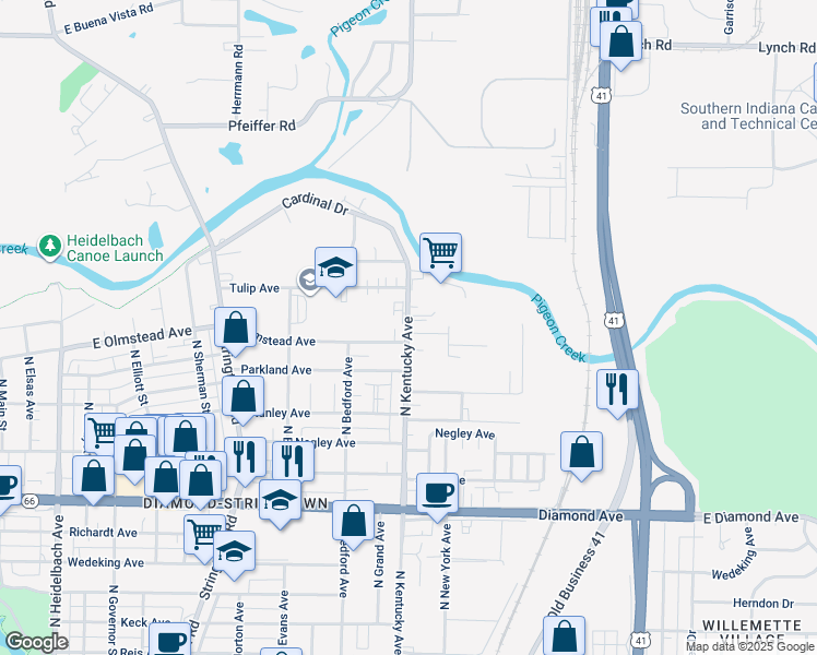 map of restaurants, bars, coffee shops, grocery stores, and more near 2770 North Kentucky Avenue in Evansville