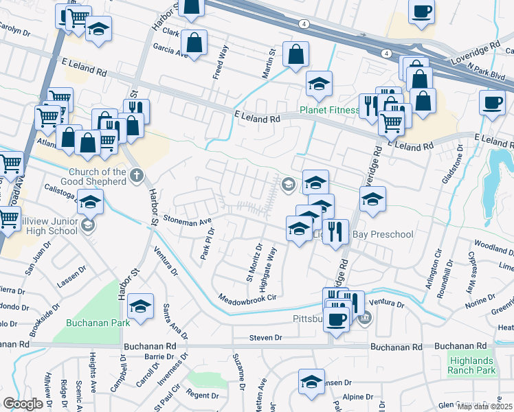 map of restaurants, bars, coffee shops, grocery stores, and more near 46 Palm Drive in Pittsburg