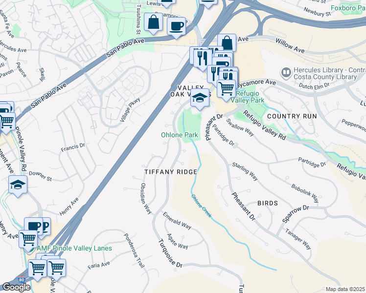 map of restaurants, bars, coffee shops, grocery stores, and more near 103 Opal Court in Hercules
