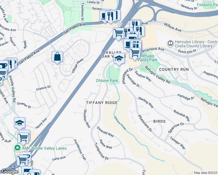 map of restaurants, bars, coffee shops, grocery stores, and more near 103 Opal Court in Hercules