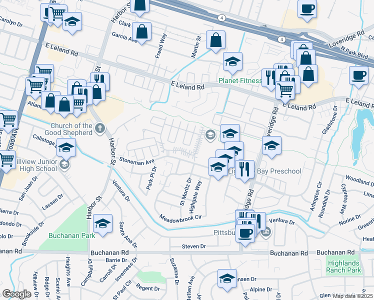 map of restaurants, bars, coffee shops, grocery stores, and more near 46 Palm Drive in Pittsburg