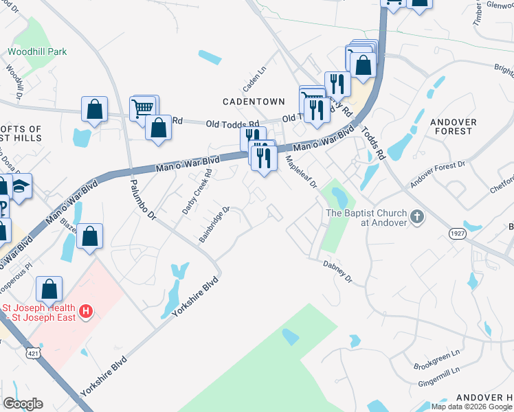 map of restaurants, bars, coffee shops, grocery stores, and more near 408 Bainbridge Court in Lexington