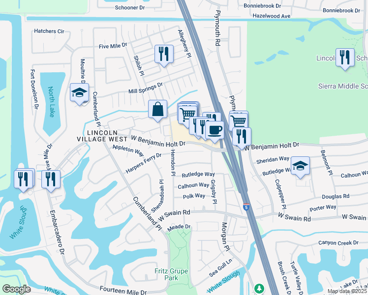 map of restaurants, bars, coffee shops, grocery stores, and more near 3255 West Benjamin Holt Drive in Stockton