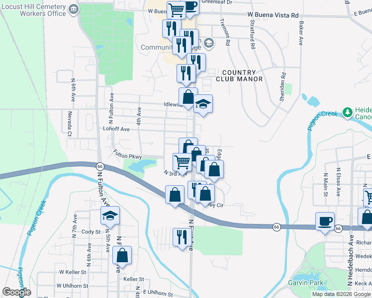 map of restaurants, bars, coffee shops, grocery stores, and more near 2904 North First Avenue in Evansville