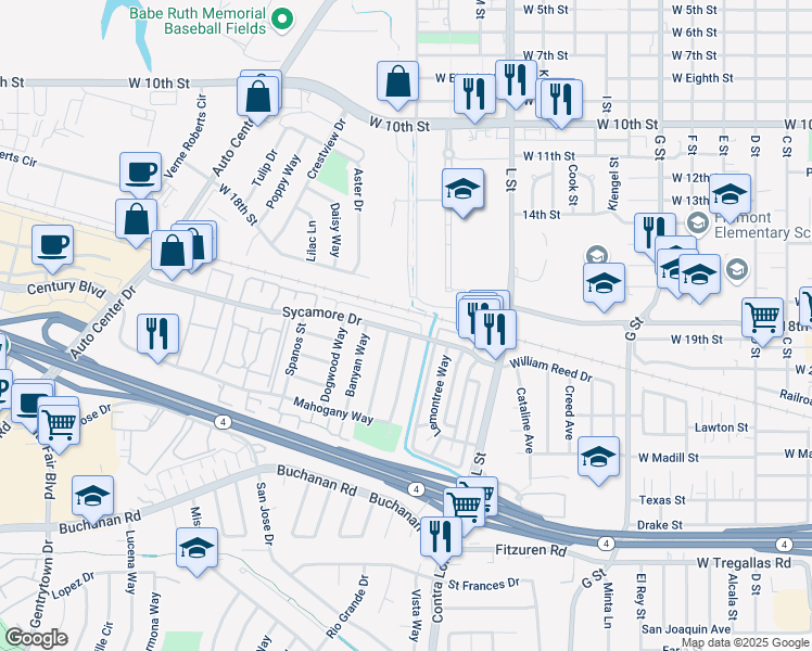 map of restaurants, bars, coffee shops, grocery stores, and more near 1410 Sycamore Drive in Antioch