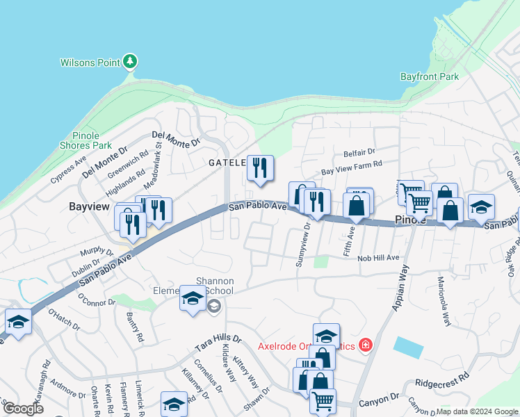 map of restaurants, bars, coffee shops, grocery stores, and more near 815 San Pablo Avenue in Pinole