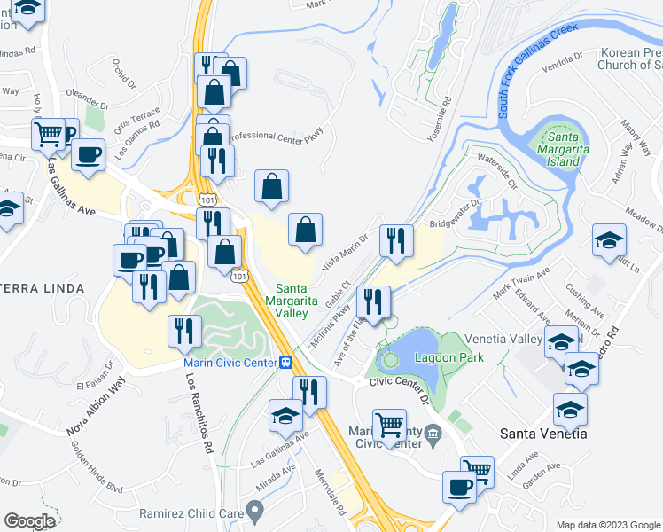 map of restaurants, bars, coffee shops, grocery stores, and more near 95 Vista Marin Drive in San Rafael