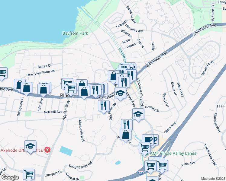 map of restaurants, bars, coffee shops, grocery stores, and more near 668 Quinan Street in Pinole