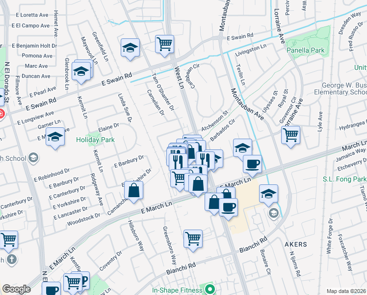 map of restaurants, bars, coffee shops, grocery stores, and more near 5375 West Lane in Stockton