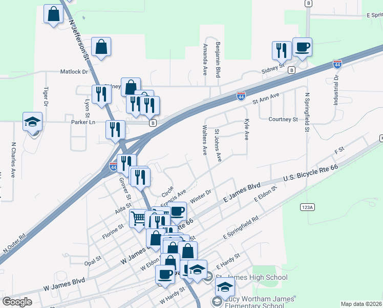 map of restaurants, bars, coffee shops, grocery stores, and more near 528 Home Drive in Saint James