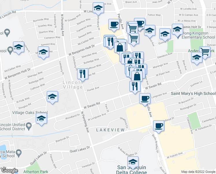 map of restaurants, bars, coffee shops, grocery stores, and more near 1020 Porter Avenue in Stockton