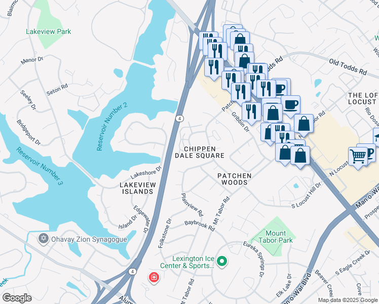 map of restaurants, bars, coffee shops, grocery stores, and more near 251 Chippendale Circle in Lexington