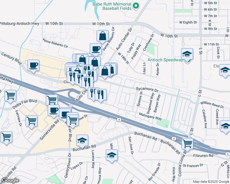 map of restaurants, bars, coffee shops, grocery stores, and more near 2301 Sycamore Drive in Antioch