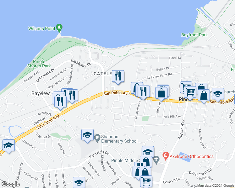 map of restaurants, bars, coffee shops, grocery stores, and more near 815 San Pablo Avenue in Pinole
