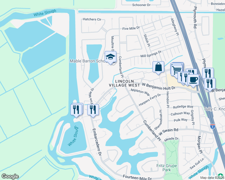 map of restaurants, bars, coffee shops, grocery stores, and more near 3702 West Benjamin Holt Drive in Stockton