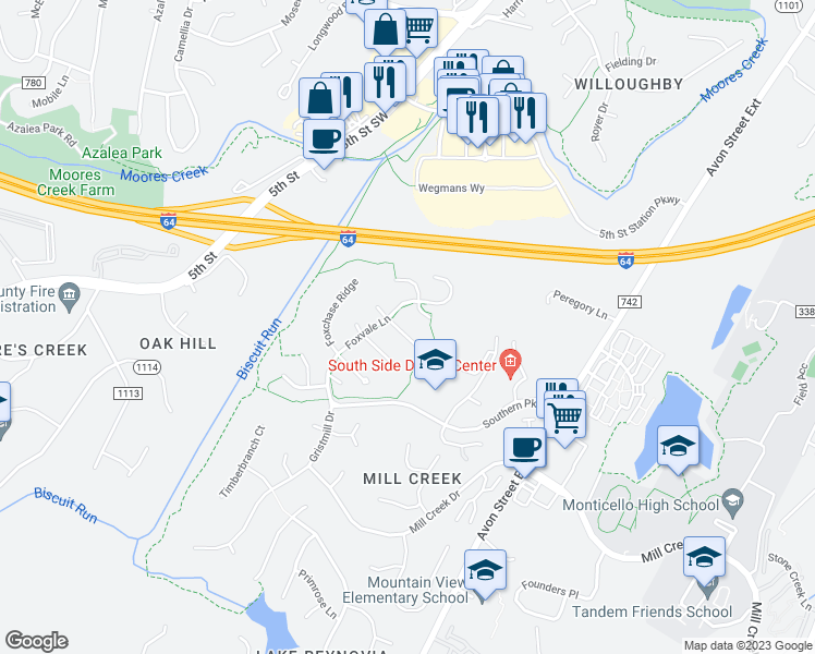 map of restaurants, bars, coffee shops, grocery stores, and more near 330 Leaping Fox Lane in Charlottesville