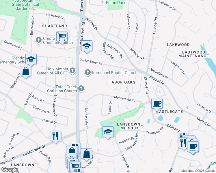 map of restaurants, bars, coffee shops, grocery stores, and more near 2957 Candlelight Way in Lexington