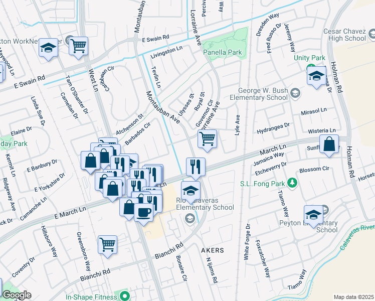 map of restaurants, bars, coffee shops, grocery stores, and more near 5151 Montauban Avenue in Stockton