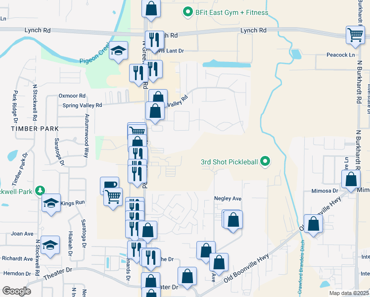 map of restaurants, bars, coffee shops, grocery stores, and more near 3001 Galaxy Drive in Evansville