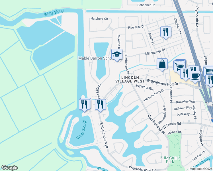 map of restaurants, bars, coffee shops, grocery stores, and more near 4238 Five Mile Drive in Stockton