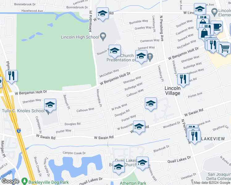 map of restaurants, bars, coffee shops, grocery stores, and more near 1959 Rutledge Way in Stockton
