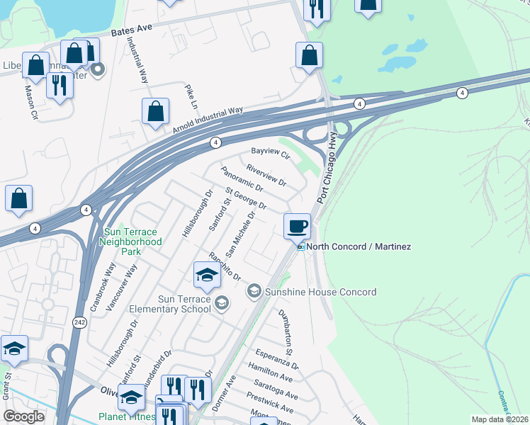 map of restaurants, bars, coffee shops, grocery stores, and more near 2362 Saint George Drive in Concord