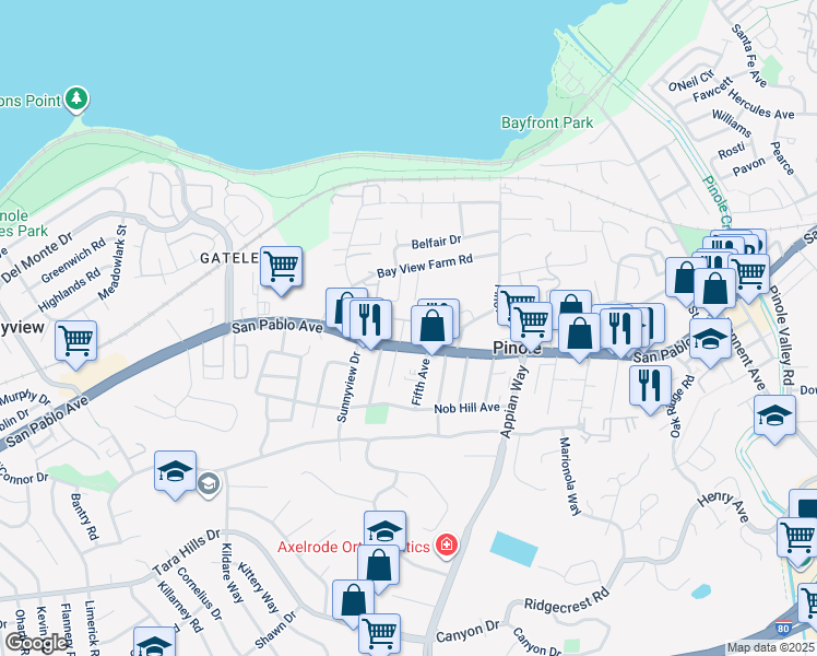 map of restaurants, bars, coffee shops, grocery stores, and more near 1160 Encina Avenue in Pinole