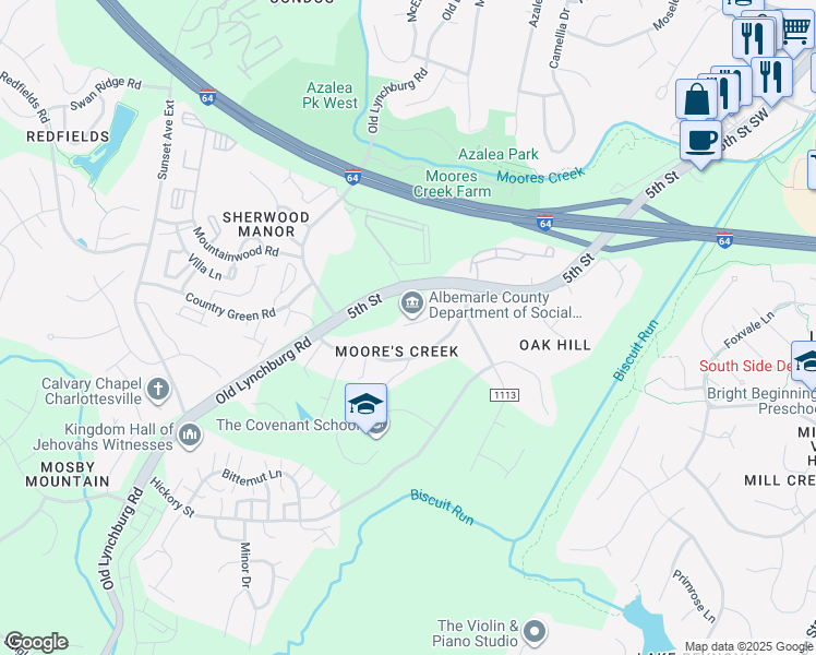 map of restaurants, bars, coffee shops, grocery stores, and more near 1600 5th Street in Charlottesville